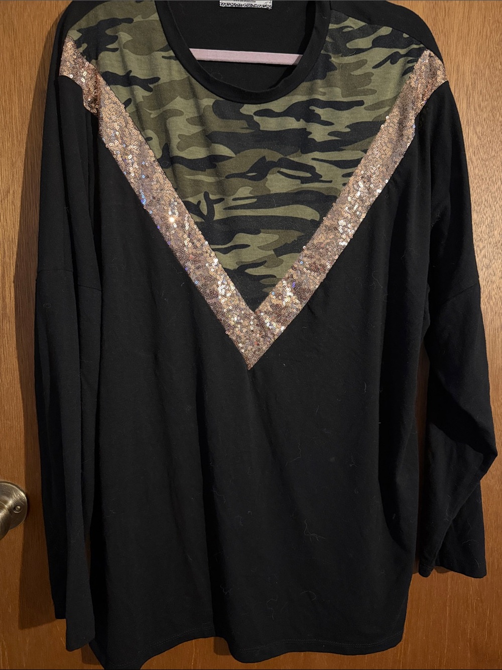 Black Camo Panel Top with Sequin Trim